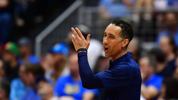 Nov 20, 2023; Honolulu, Hawaii, USA; Marquette Golden Eagles head coach Shaka Smart gestures during the first period against the UCLA Bruins at SimpliFi Arena at Stan Sheriff Center. Mandatory Credit: Steven Erler-USA TODAY Sports  